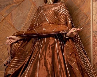 Brown Silk Embroidered Lehenga Choli with Organza Dupatta