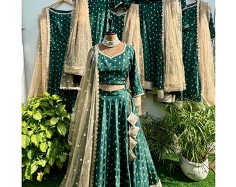Conjunto de lehenga de seda verde esmeralda: atuendo de boda indio con dupatta