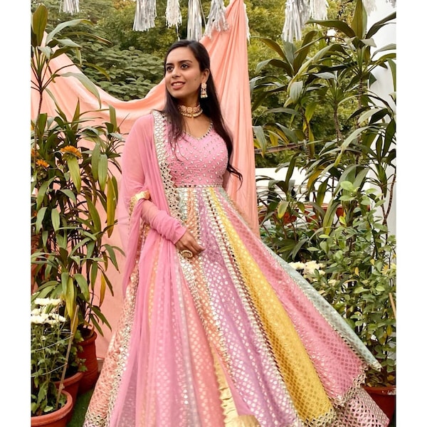 Pastel multi color indian wedding chanderi Mirror embroidered jacket with contrast pink lehenga and pink mesh Dupatta mehendi sangeet outfit