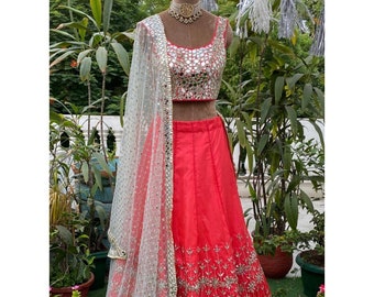 Corel organza mirror embroidered Indian wedding lengha paired with heavy embellished mirror work blouse and mint green dupatta for mehendi