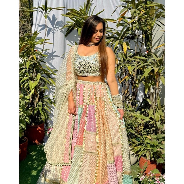 Pastel multi color indian wedding chanderi patchwork Lehenga with mirror embroidered blouse and mesh Dupatta mehendi sangeet outfit