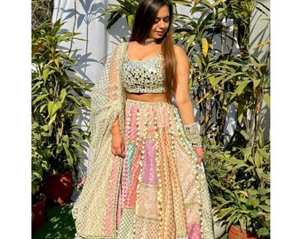 Pastel multi color indian wedding chanderi patchwork Lehenga with mirror embroidered blouse and mesh Dupatta mehendi sangeet outfit