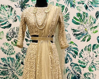 Lehenga choli de boda con bordado floral pesado en color blanco roto y dupatta bordada/traje de boda blanco/lengha de boda india