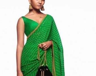 Sari bandhani verde: borde bordado, blusa cosida personalizada