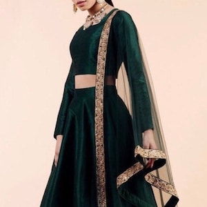 Szmaragdowo zielona jedwabna druhna indyjskie wesele lehenga choli/ koktajl szyta na zamówienie lengha/ zielona mehendi lengha