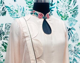 Pale pink silk kurta, pant with matching scalloped organza dupatta