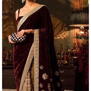 Maroon velvet designer saree,  gold net embroidered wedding reception saree with stitched blouse, burgundy half and half Indian sari