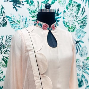 Pale pink silk kurta, pant with matching scalloped organza dupatta