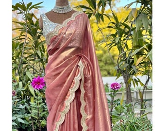 Glamorous Corel tissue organza cocktail saree with scalloped border and a mirror hand crafted stitched blouse/ indian designer wedding sari