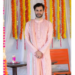 Peach heavy embroidered Men’s sherwani, Indian groom wedding wear mirror embroidered kurta with churidar pants and stole