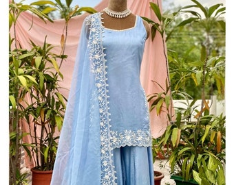 Pastel Blue Embroidered Sharara Set: Cotton Satin Palazzo Wedding Outfit
