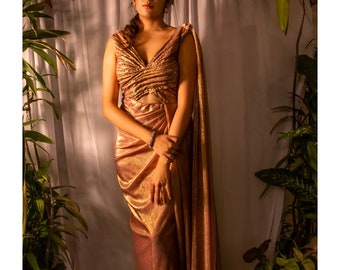 Peach shimmer engagement cocktail drape pre stitched saree with sequins hand embroidered, indo western readymade Indian reception dress