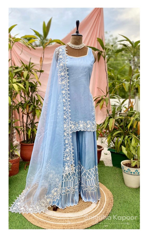 Sky Blue Resham Embroidered Kurta With Sharara Pants and Organza Dupatta With Zardozi Hand Embroidery Indian Wedding Wear Mehendi Outfit Etsy UK