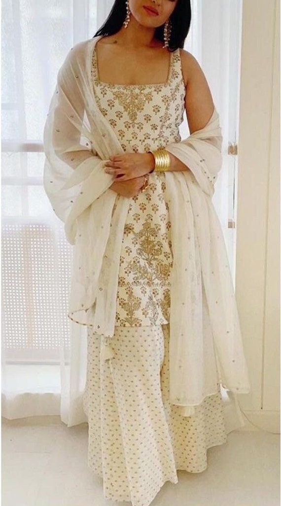White Liyakat Modal Three Layer Chikankari Garara - TheChikanLabel |  Lucknow Chikankari Kurtis & Suits