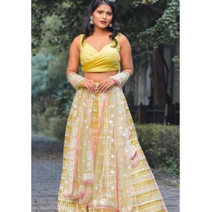 Lemon yellow heavy gotta embroidered wedding lehenga with draped stitched blouse and dupatta, Indian designer festive wear mehendi outfit image 4