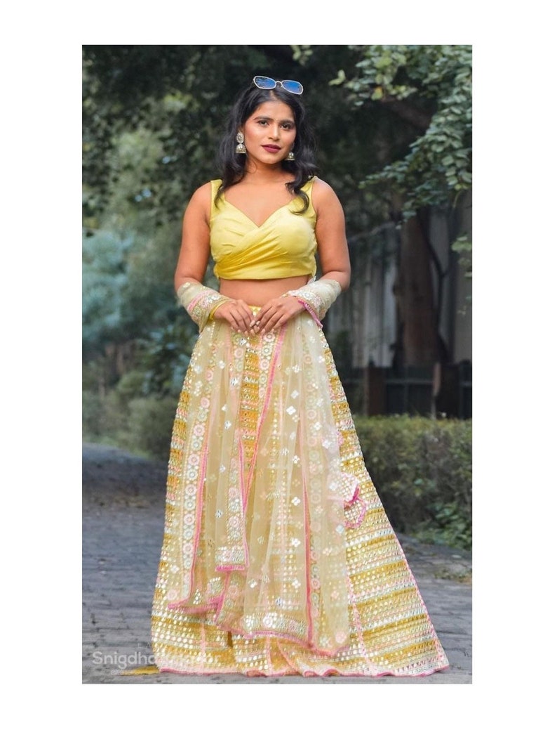 Lemon yellow heavy gotta embroidered wedding lehenga with draped stitched blouse and dupatta, Indian designer festive wear mehendi outfit image 4