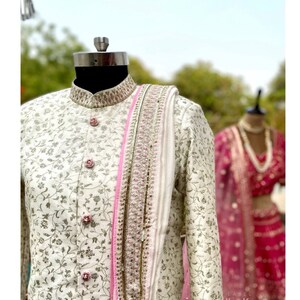 Off white zari heavy embroidered Men’s wedding sherwani, Indian groom wedding wear embroidered kurta with churidar pants and stole