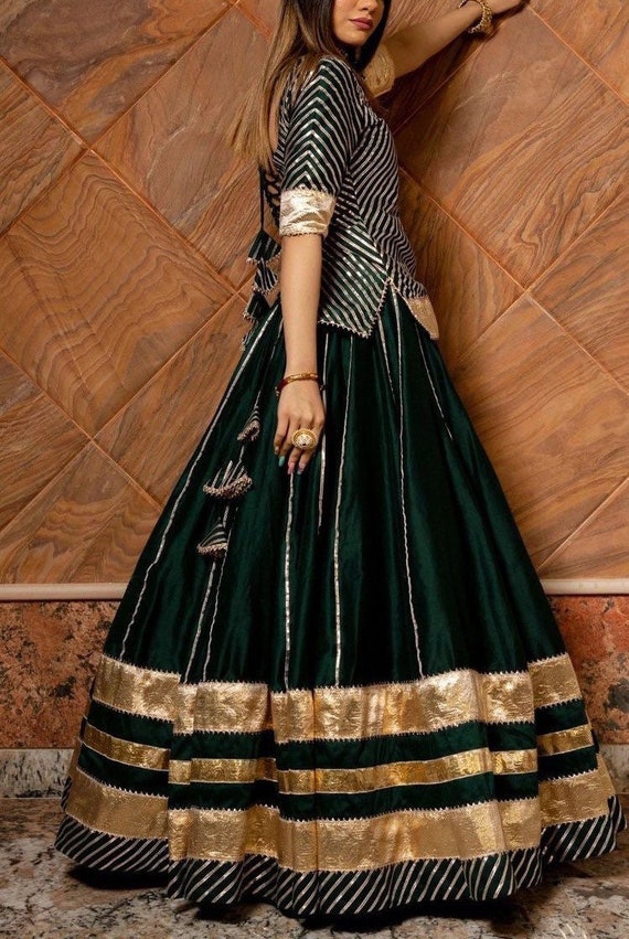 Green Velvet Embroidered Lehenga Choli with Organza Dupatta