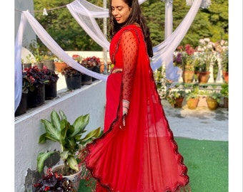 Red cocktail wedding reception chiffon saree with hand embroidered cut dana border and red stitched embroidered blouse, Indian wedding sari