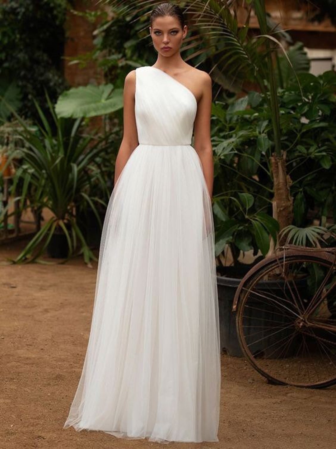 layered tulle one shoulder a line wedding dress ONE SHOULDER A-LINE TULLE GOWN BY ANDREA & LEO COUTURE A1053 SAGE / 14
