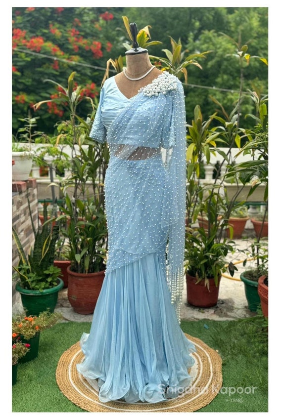 Sky Blue Pearl Embellished Engagement Cocktail Stitched Saree With a Satin  Pleated Blouse, Indo Western Saree Gown - Etsy