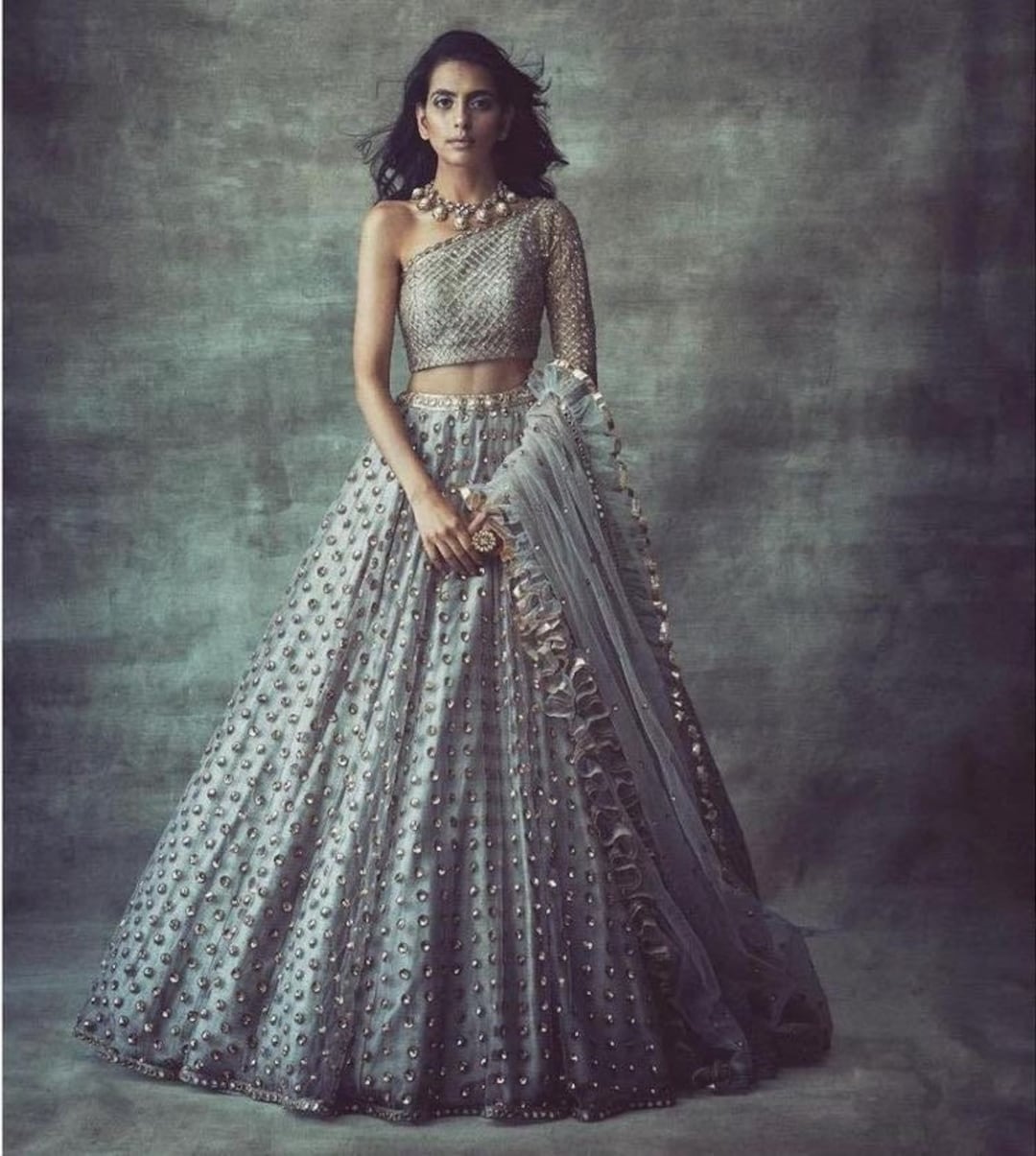 Buy Grey Mesh Sequins Embroidered Wedding Lehenga With One Shoulder Blouse  and Ruffled Dupatta Ready Made Reception Lengha Choli Online in India 