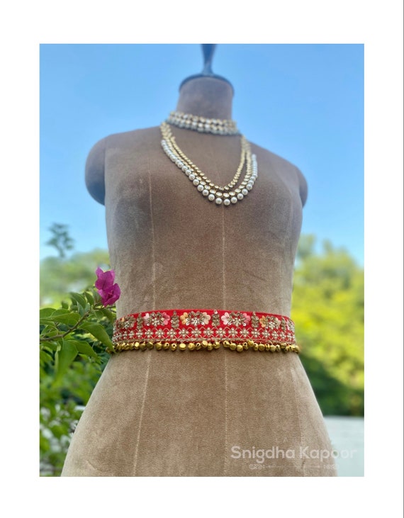 Red Silk Embroidered Waist Belt With Ghungroo / Belts for Saree/ Saree Belts/  Lehenga Belt/ Embellished Belts/ Bridal Hand Embroidered Belt -  Norway