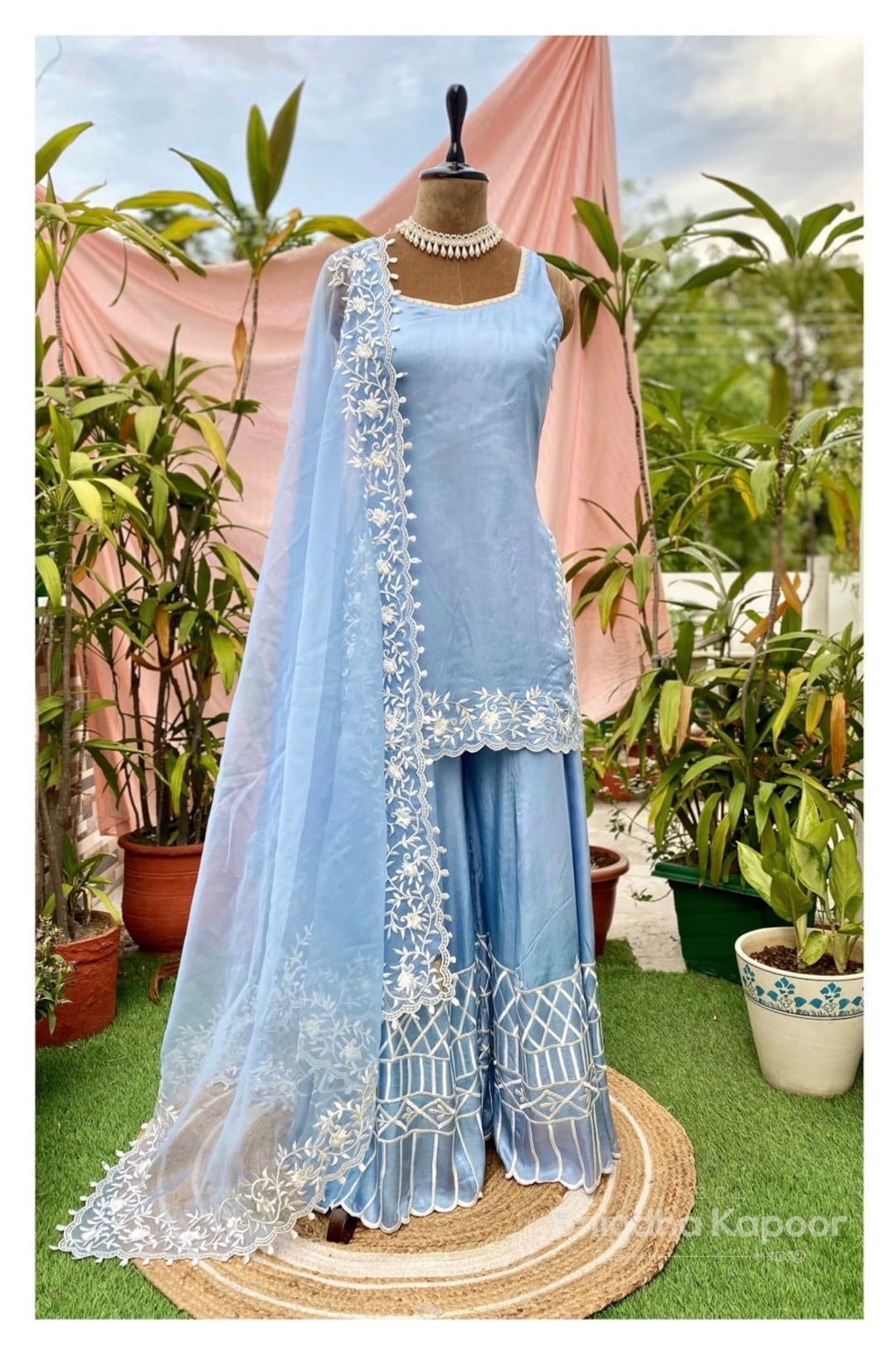 Pastel Blue Embroidered Sharara Set: Cotton Satin Palazzo Wedding Outfit -  Etsy