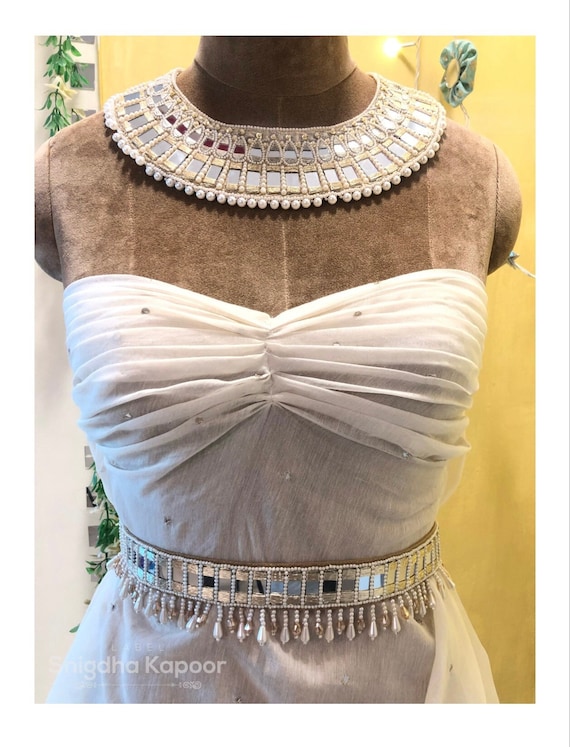 Golden Mirror Hand Embroidered Waist Belt With Crystal and Pearl Hangings/  Belts for Saree/ Lehenga Belt/ Embellished Kamarbandh for Girls 