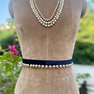 Navy blue velvet waist belt with silver beads hangings / belts for saree/ saree belts/ lehenga belt/ embellished belts