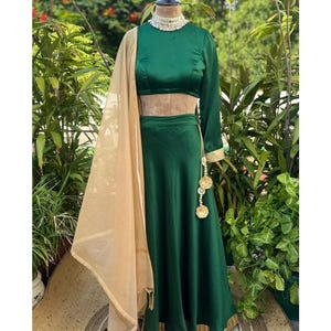Emerald Green Lehenga Set with Beige Dupatta | Minimalist Indian Outfit | Satin Lehenga for Wedding & Festive Wear | bridesmaids dress