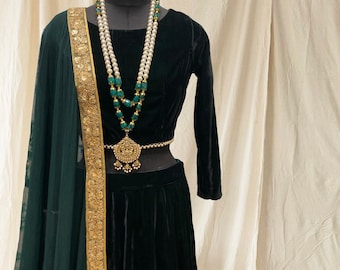 Emerald green velvet bridesmaids indian wedding designer lehenga choli/ cocktail stitched custom made lengha party wear