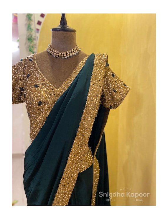 Emerald Green Wedding Reception Saree With Heavy Embroidered Borders and  Blouse/ Sequins Embellished Blouse and Border With Georgette Sari -  UK