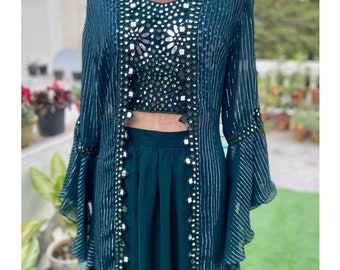 Forest green mirror embroidered cape jacket with heavy mirror embroidered blouse and georgette sharara pants/ Indian wedding mehendi dress
