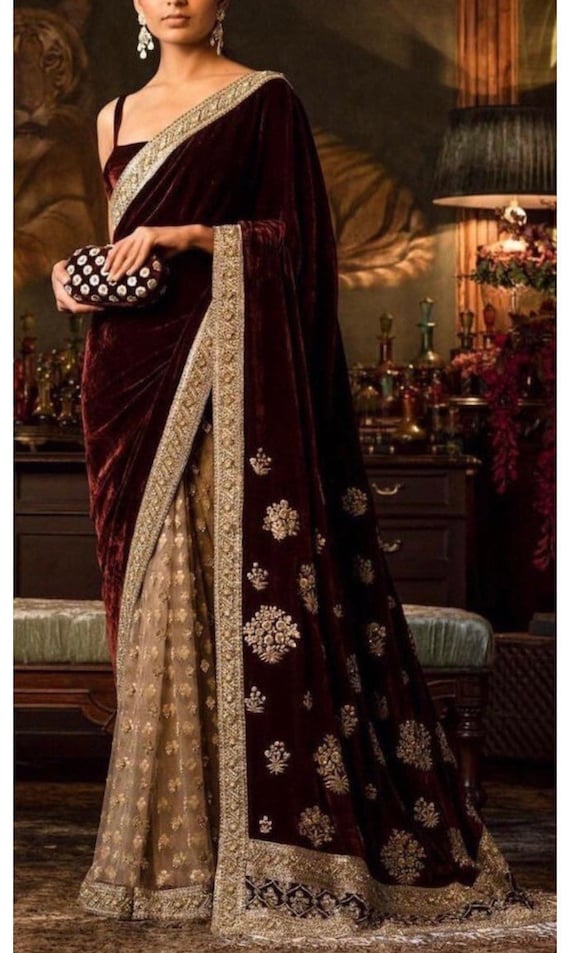 Buy Maroon Velvet Designer Saree, Gold Net Embroidered Wedding Reception  Saree With Stitched Blouse, Burgundy Half and Half Indian Sari Online in  India 