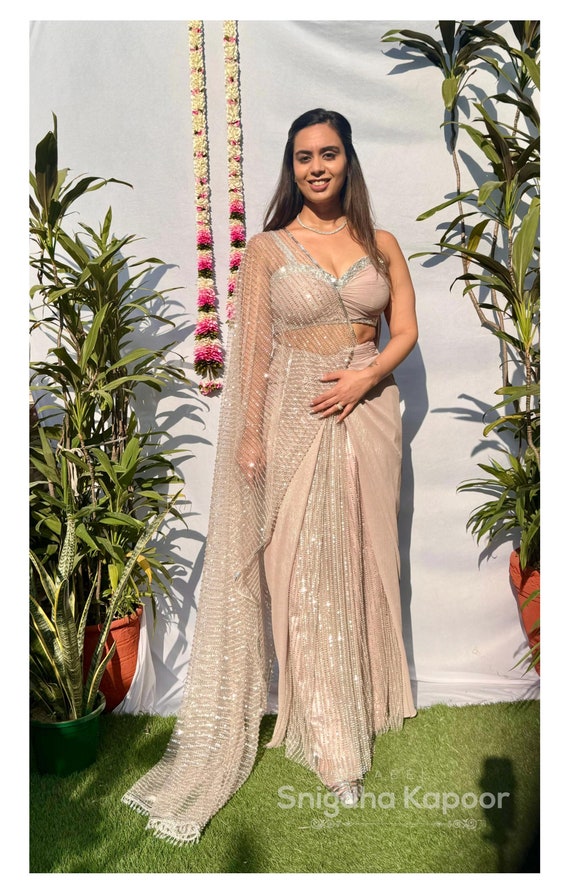 sequin saree dress Sequin Pre-draped Saree With Designer Blouse: Dusty Peach Champagne Indian  Wedding