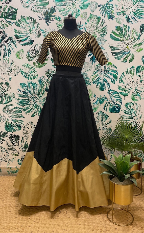 Black Silk Bridesmaid Wedding Lehenga Skirt With Golden Zari