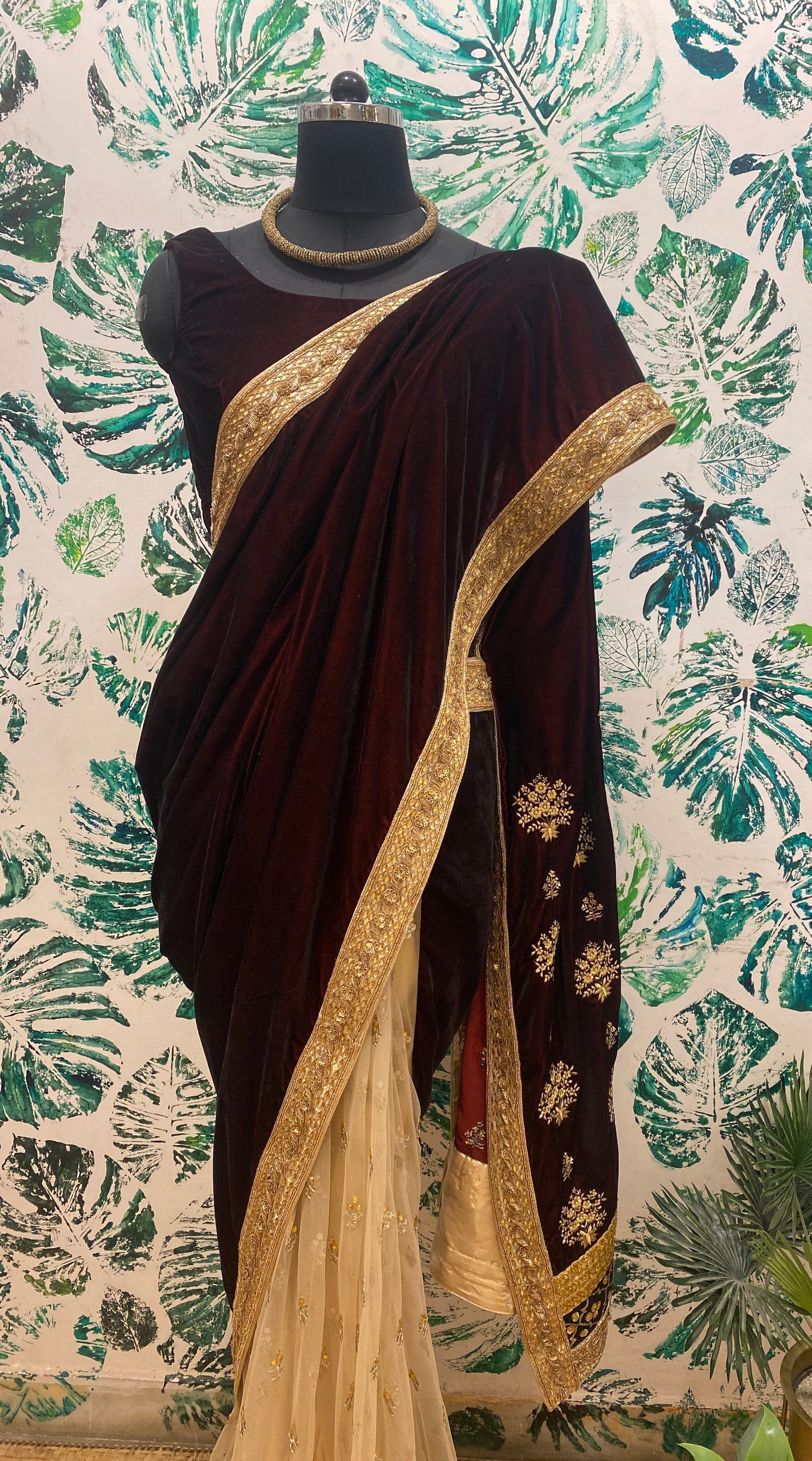 Maroon Velvet Designer Saree Gold Net Embroidered Wedding Reception Saree With Stitched Blouse Burgundy Half and Half Indian Sari Etsy