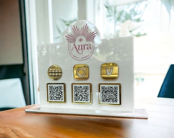 Panneau à trois codes QR, panneau de réseau social de table personnalisé horizontal avec options de paiement et votre logo, acrylique