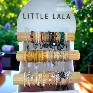 Large Bracelet Display Stand – Collapsible Acrylic Jewelry Holder with Arched Backer, Logo, & Solid Wood Display Bars