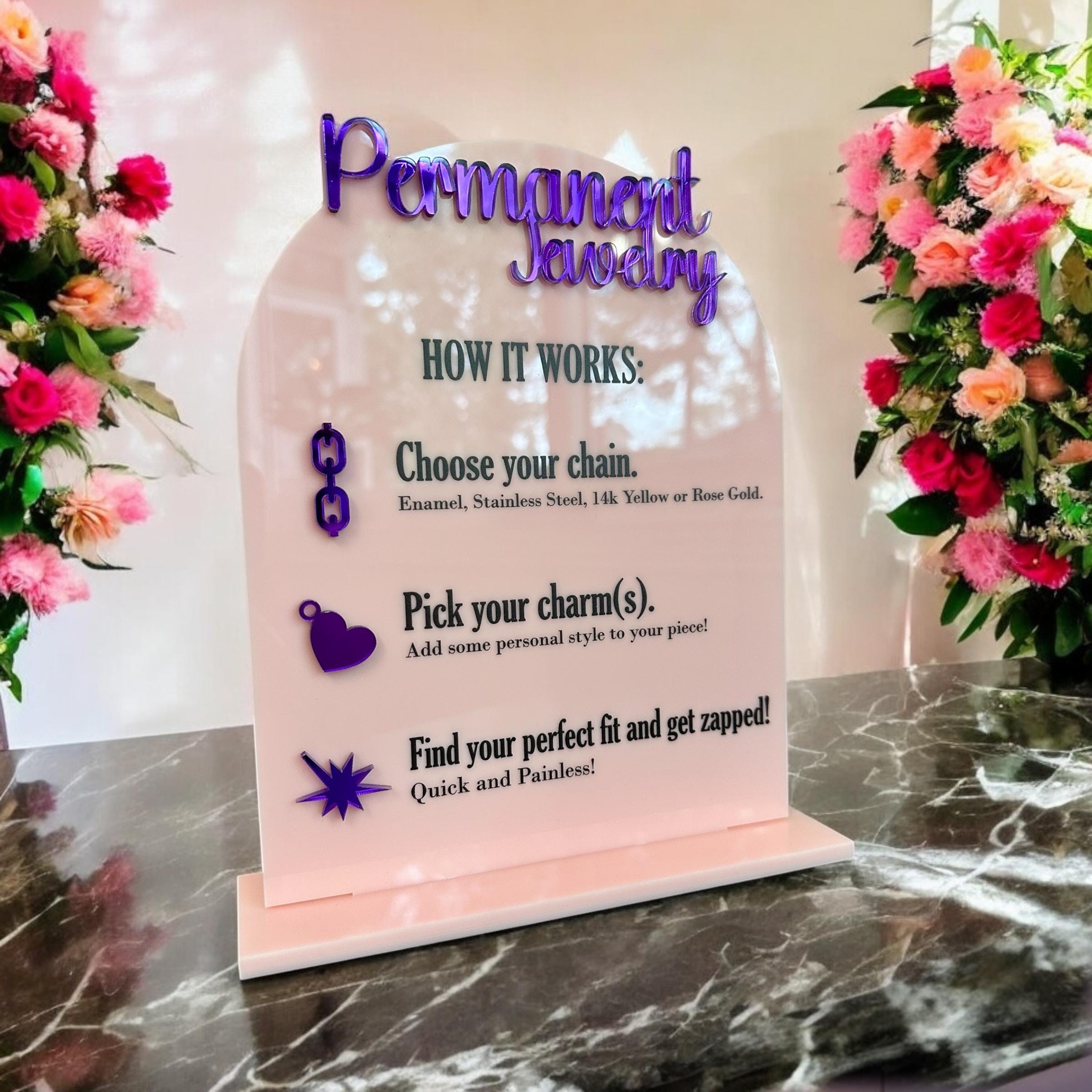 Jewelry Rack Topper Sign Examples Permanent Jewelry How It Works Sign, Tabletop Jewelry Vendor Acrylic ...