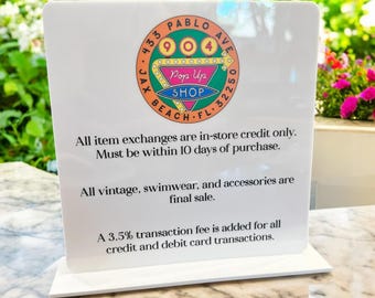 Custom Acrylic Store Policy Sign - Return Policy & Credit Card Fee Sign - UV Printed Business Counter Sign