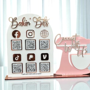 Custom Six QR Code Mixer Stand, Acrylic Marketing Review Sign, Tabletop Vendor Event Sign, Baking and Dessert Sign for Social Media