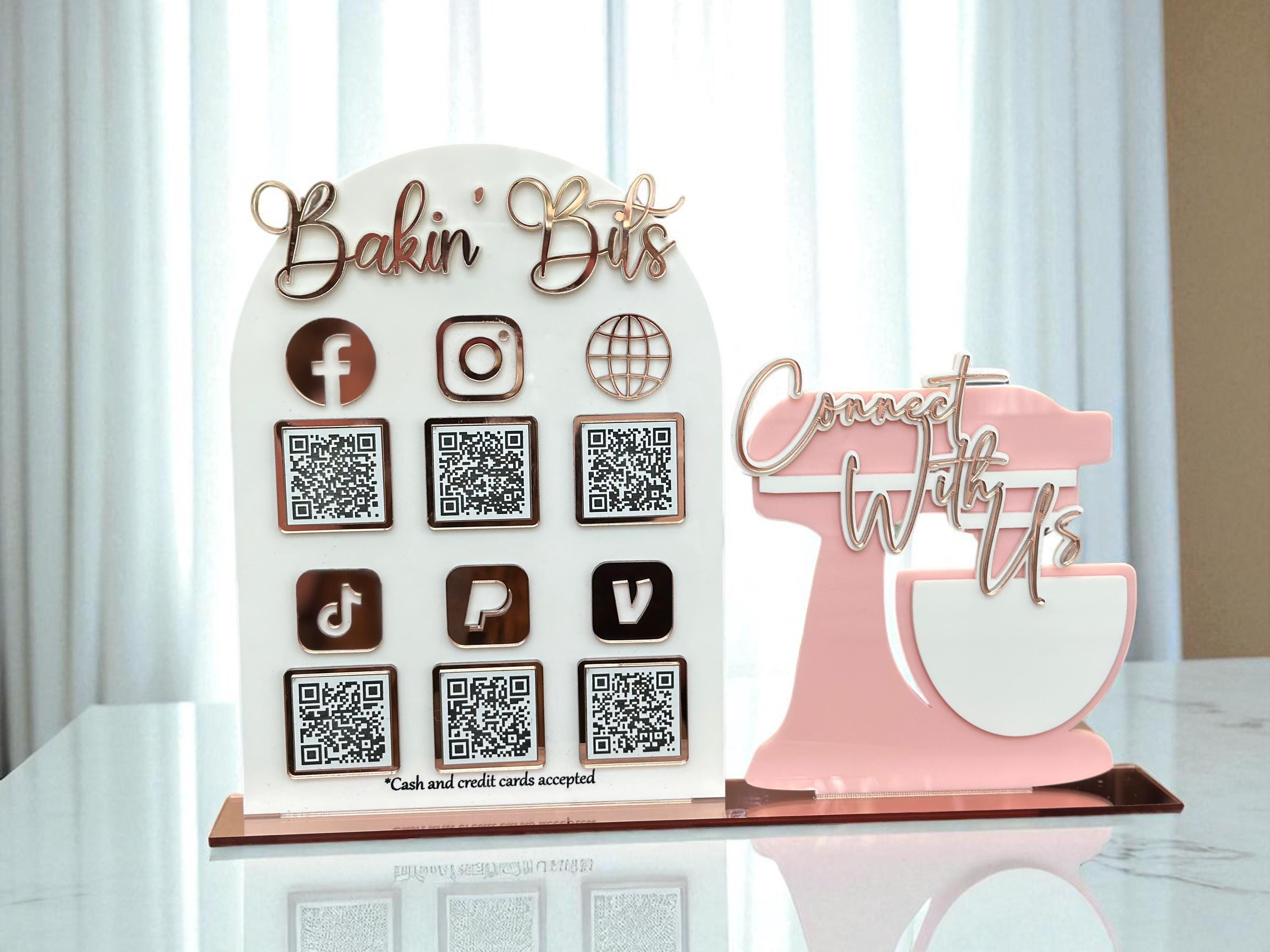 Custom Six QR Code Mixer Stand, Acrylic Marketing Review Sign, Tabletop Vendor Event Sign, Baking and Dessert Sign for Social Media