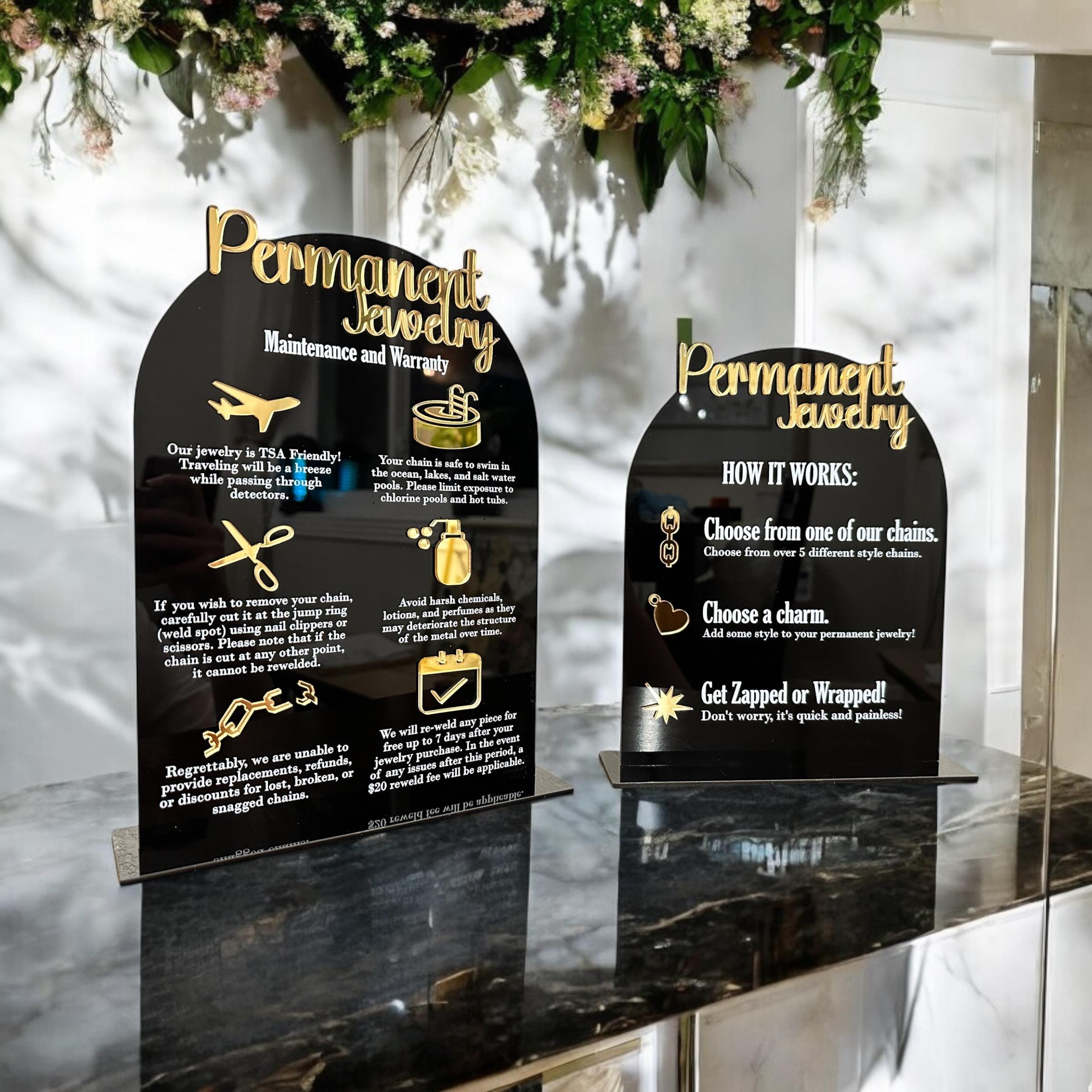 Permanent Jewelry and How it Works Sign, Two Signs, Acrylic High End Jewelry Store Signage