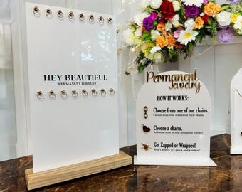 Présentoir permanent pour bracelets à bijoux, 16 crochets et panneau indiquant son fonctionnement, deux panneaux, signalétique acrylique haut de gamme pour bijouterie