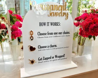 Enseigne "Comment ça marche" pour bijoux permanents, enseigne en acrylique pour vendeur de bijoux de table
