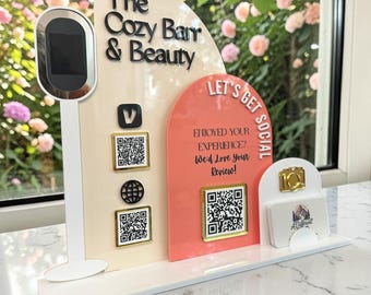 Présentoir à trois codes QR à trois arches pour événements et mariages avec porte-cartes de visite