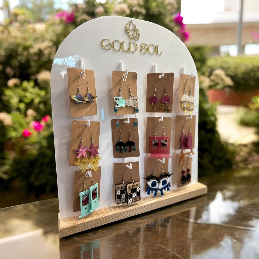 12 Hook Earring Display, Handmade Wooden Base, Acrylic Jewelry Holder ...