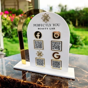 Double Arch QR Code Sign, Four QR Codes, Your Logo at the Top, Tabletop Vendor Display Sign